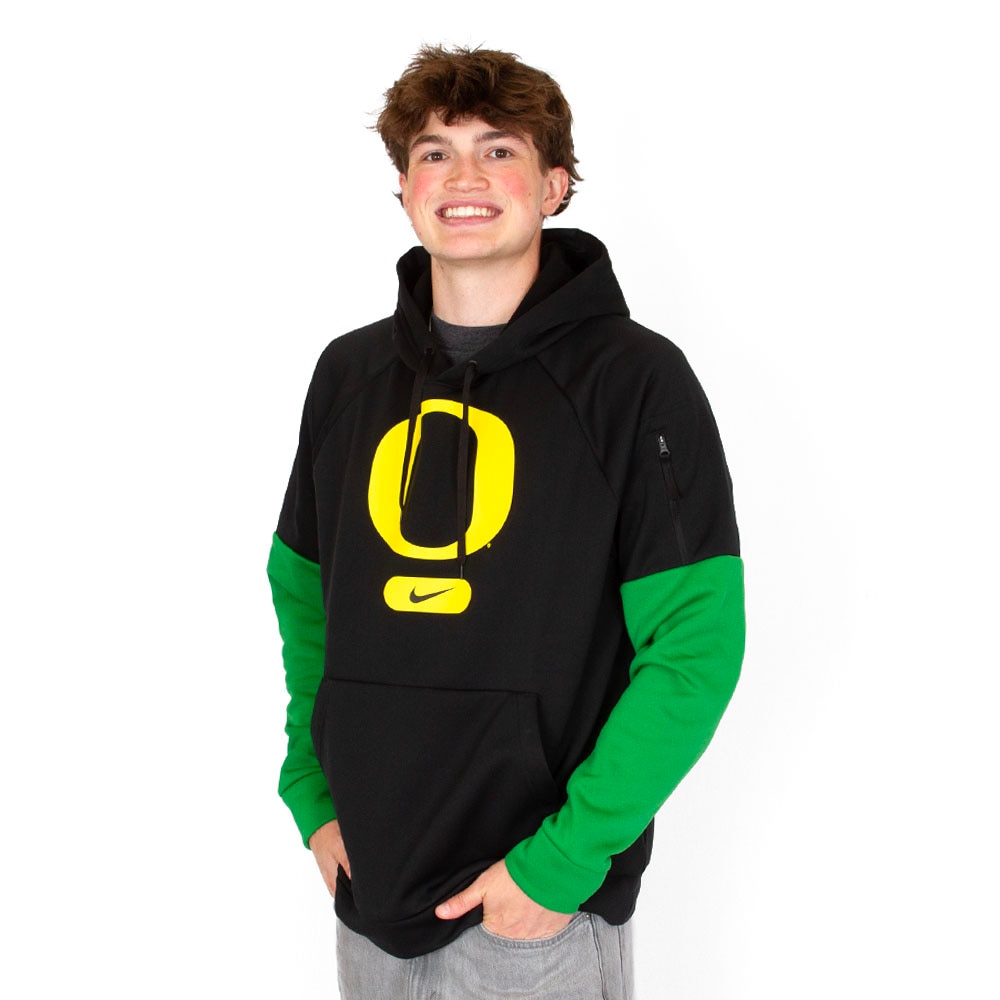 Classic Oregon O, Nike, Black, Hoodie, Therma-FIT/Storm-FIT, Men, Zippered device pocket, Fleece, Pullover, Sweatshirt, 945043